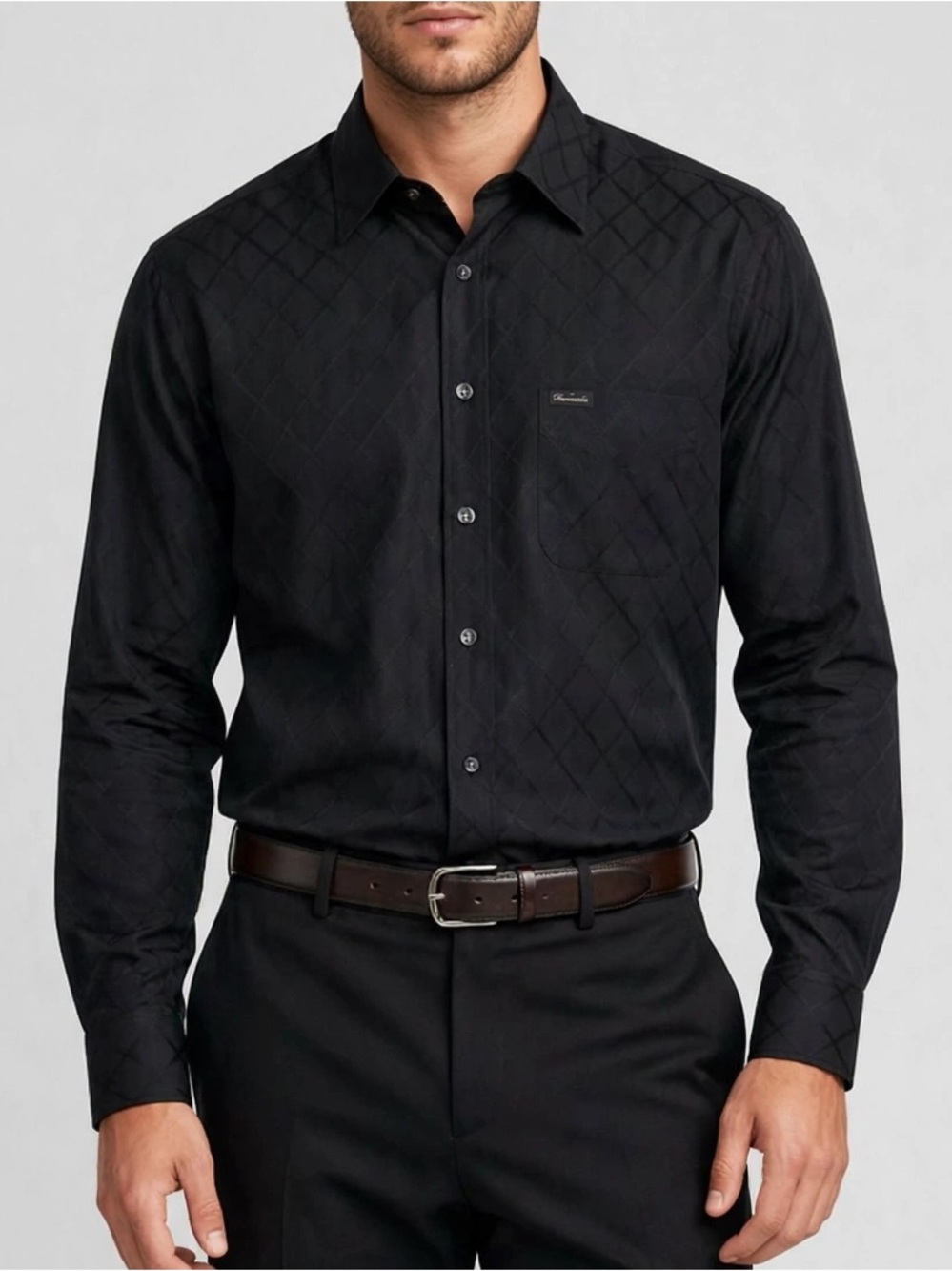 Façonnable Men’s Black Diamond Stitch Cotton Button-Down Shirt French Designer